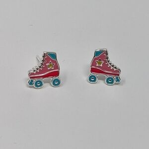 Roller Skates Pink with Blue Wheels 925 Sterling Silver Stud Earrings
